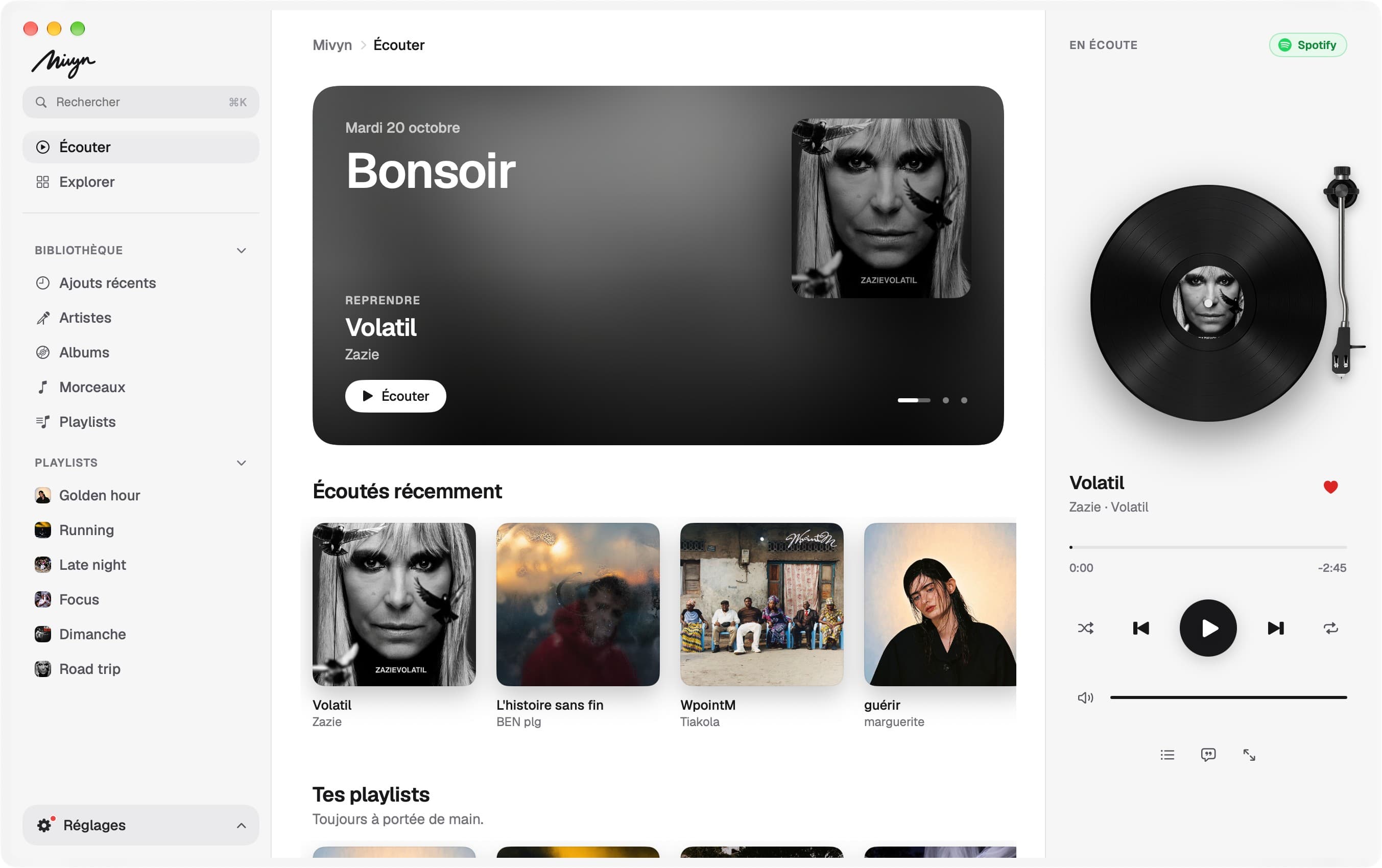 Mivyn pour Mac : ta bibliothèque à gauche, la platine et le titre en cours à droite.